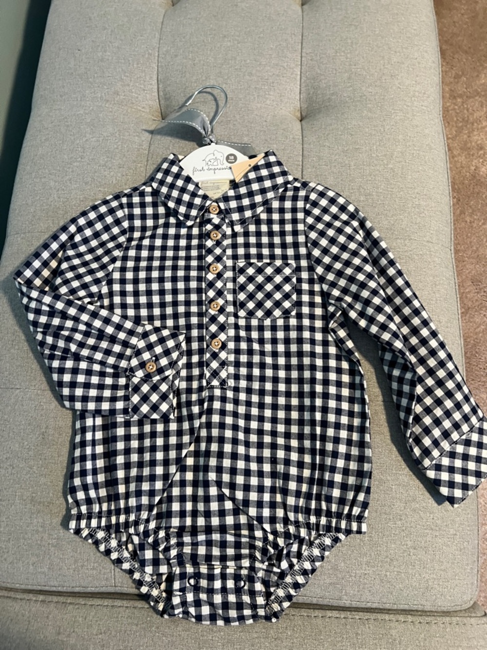 NWT First Impressions Navy & White Gingham Button-Front Baby Shirt size 18 mo